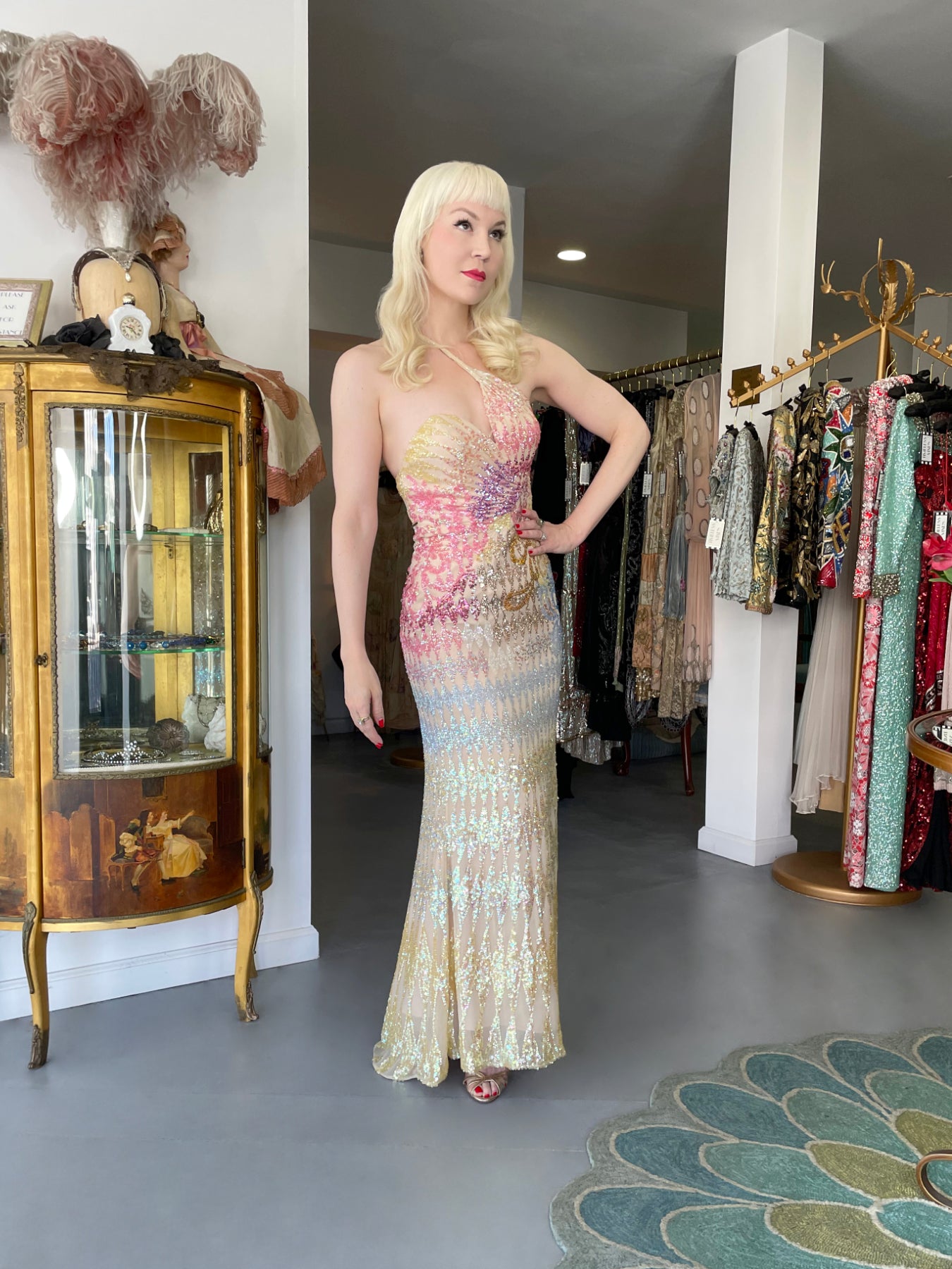 1990's Mike Benet Rainbow Sequin Silk Asymmetric Hourglass Versace-Like Gown