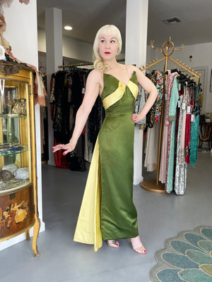 1950's Anne Verdi Green & Yellow Silk Winged-Bust Hourglass Trained Gown