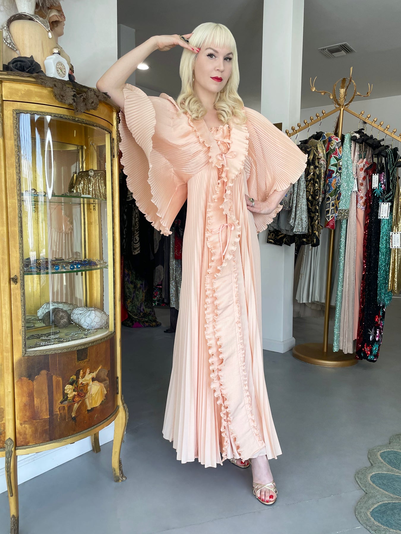 1973 Zandra Rhodes Blush Pink Heavily-Pleated Full Length Jacket Peignoir Set
