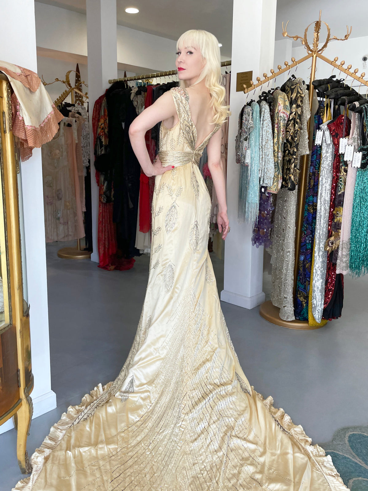 1930&#39;s Beaded Rhinestone Candlelight Silk Trained Old Hollywood Gown