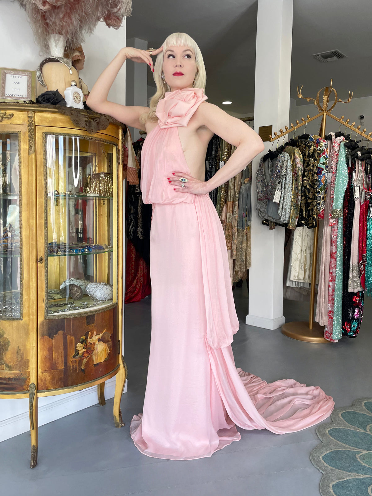 2008 Emanuel Ungaro Runway Blush-Pink Silk Floral Appliqué Trained Gown