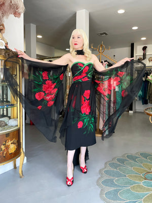 1950's Howard Greer Couture Red Roses Silk Strapless High-Low Gown & Shawl