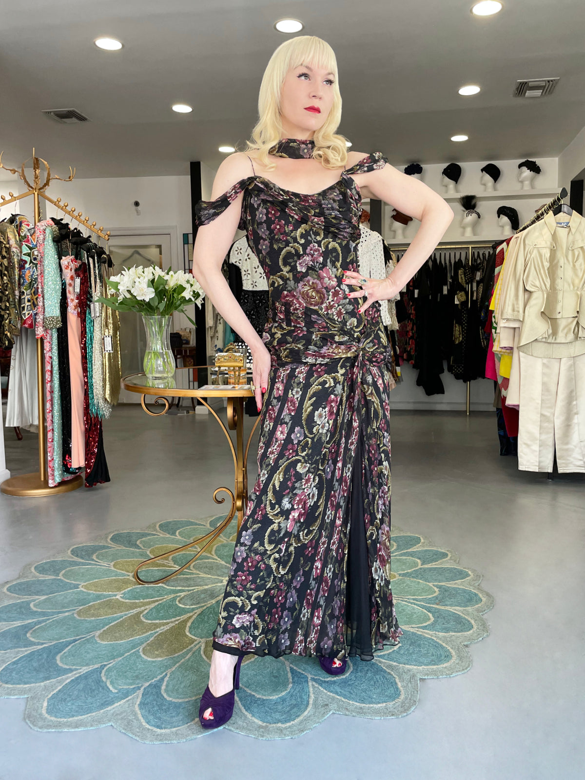 2004 John Galliano Needlepoint Floral Print Silk Bias-Cut Gown w/ Matching Scarf