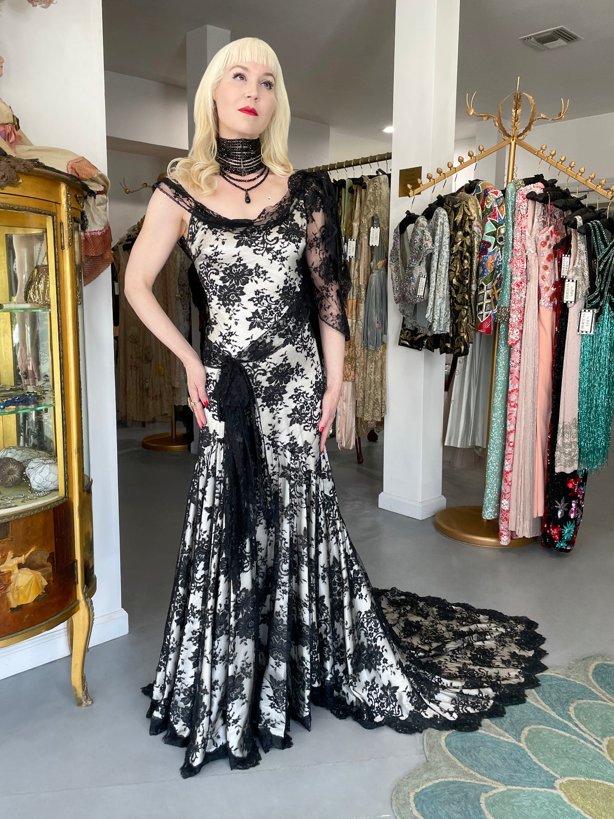 2005 Christian Dior by John Galliano Black Lace &amp; Ivory Silk Trained Bias-Cut Gown