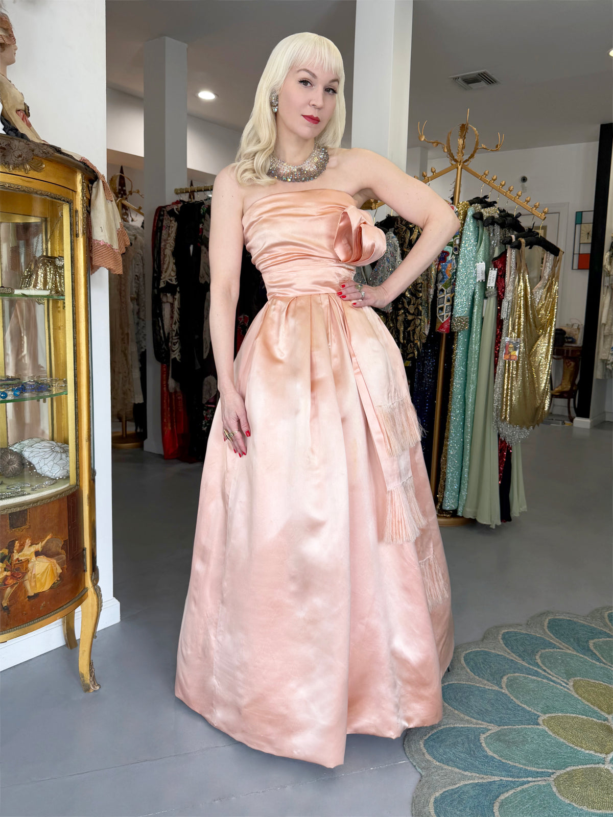 1958 Christian Dior by Yves Saint Laurent Documented Blush-Pink Silk Strapless Corset Gown
