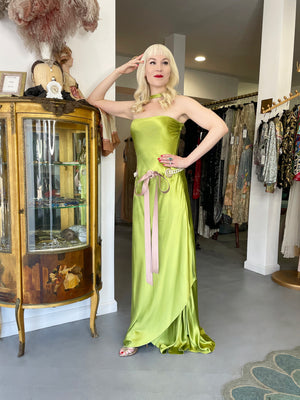 2005 Valentino Runway Chartreuse Silk Draped-Pearls Reverse Halter Glamour Gown