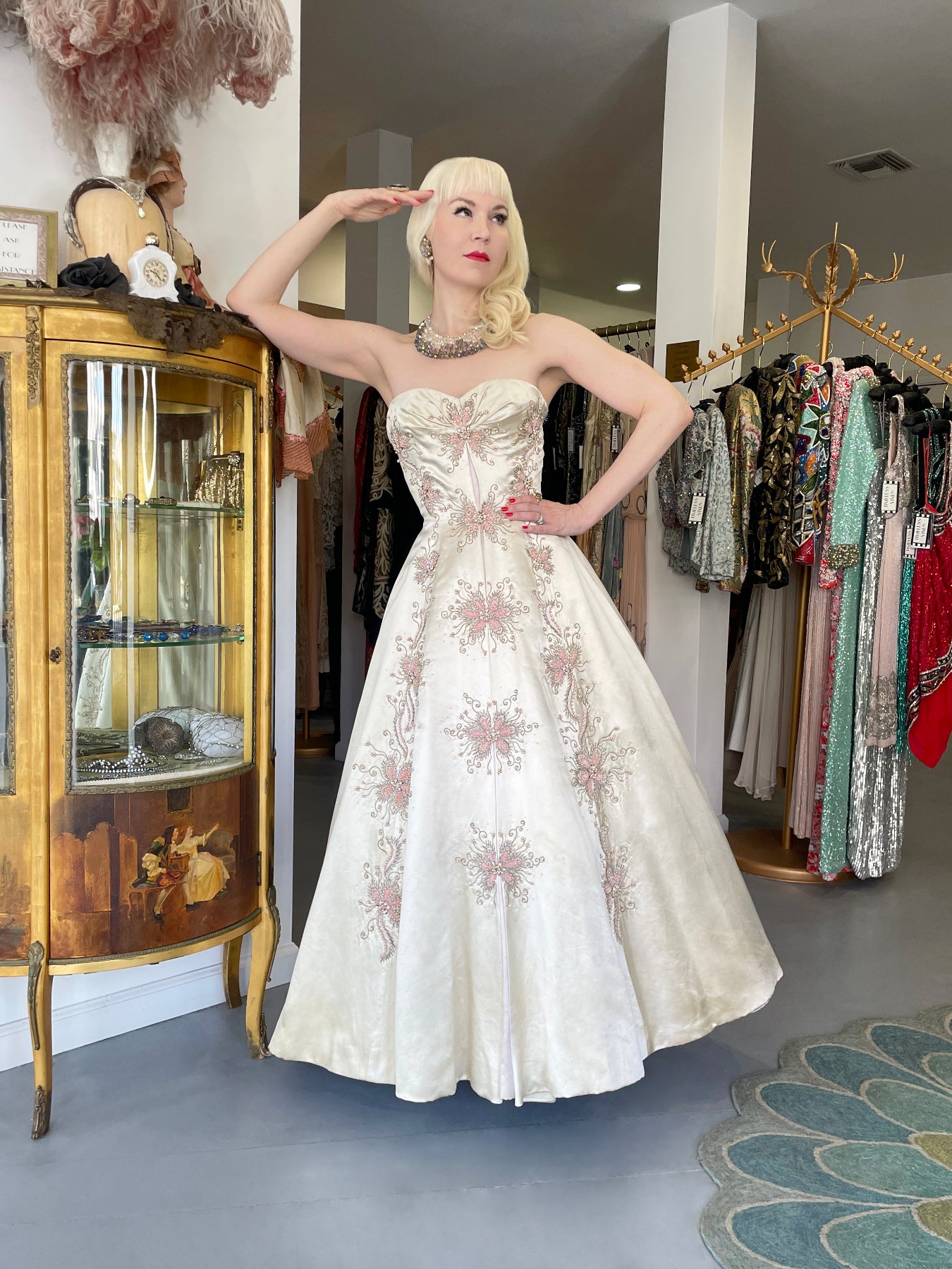 1950's Beaded Embroidered Cream & Pale Pink Satin Strapless Couture Ballgown