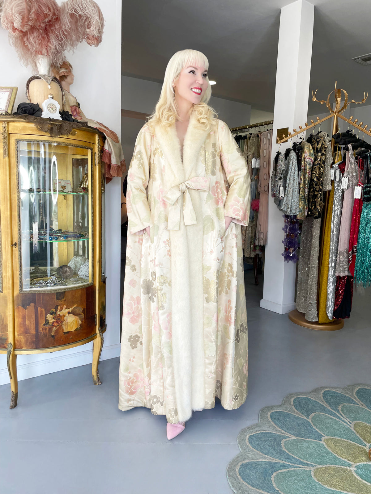 1965 Nina Ricci Haute Couture Documented Pink Silk-Brocade &amp; Mink Fur Maxi Coat