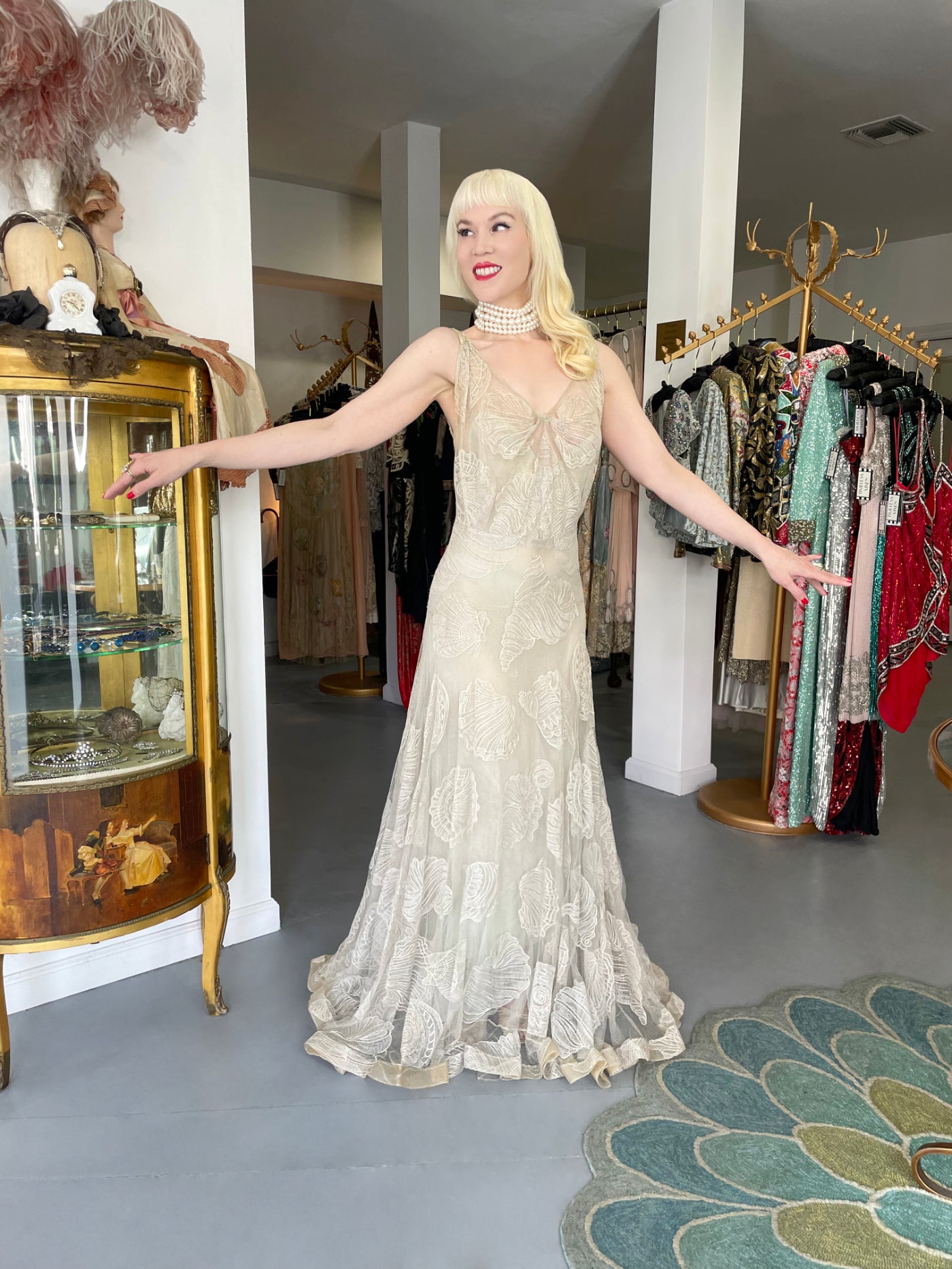 1932 Worth Couture for Elizabeth Arden Sequin Ivory Seashell Motif Lace Gown