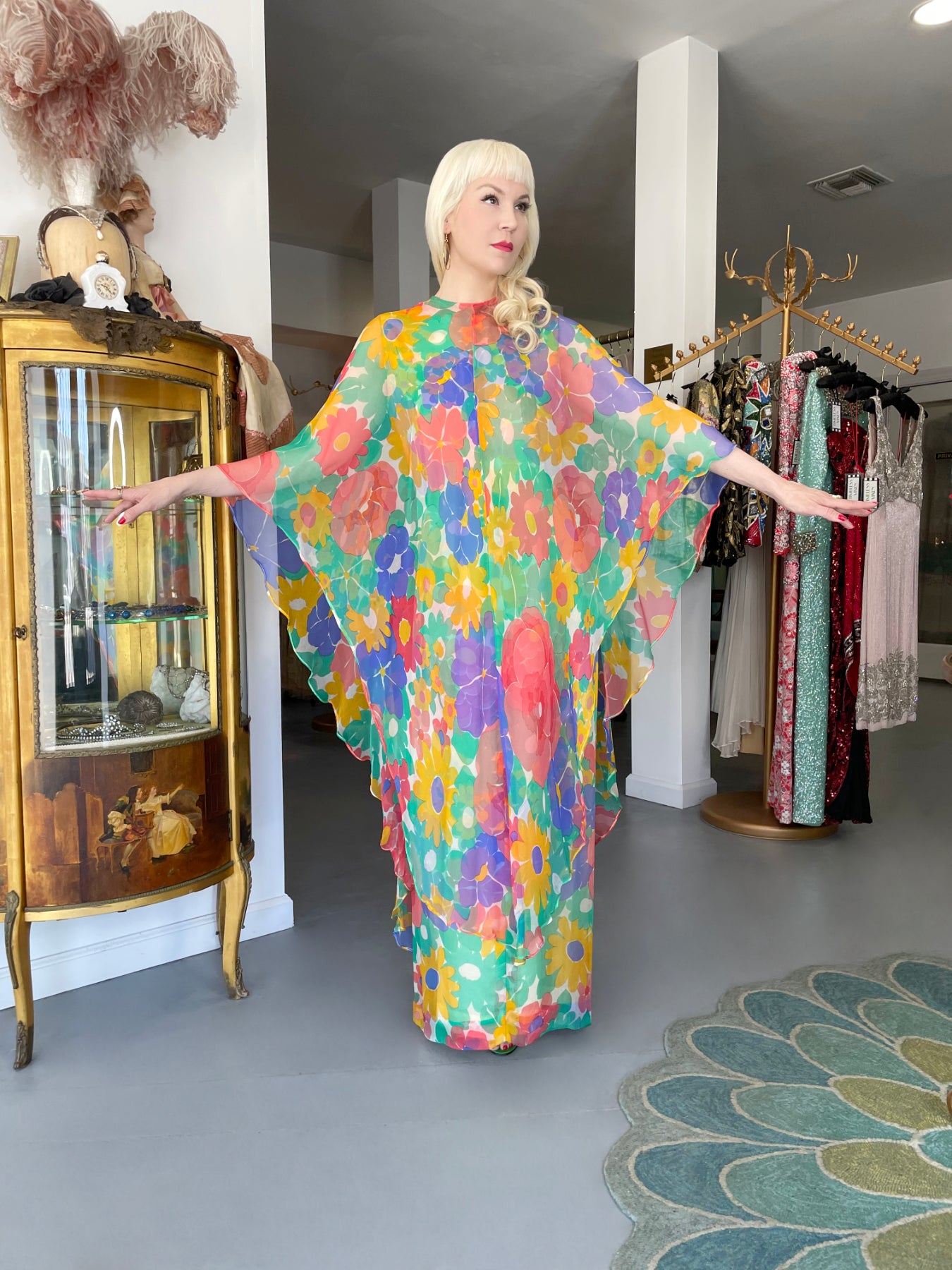 1967 Givenchy Haute Couture Colorful Floral Sheer Silk Draped Caftan Maxi Dress