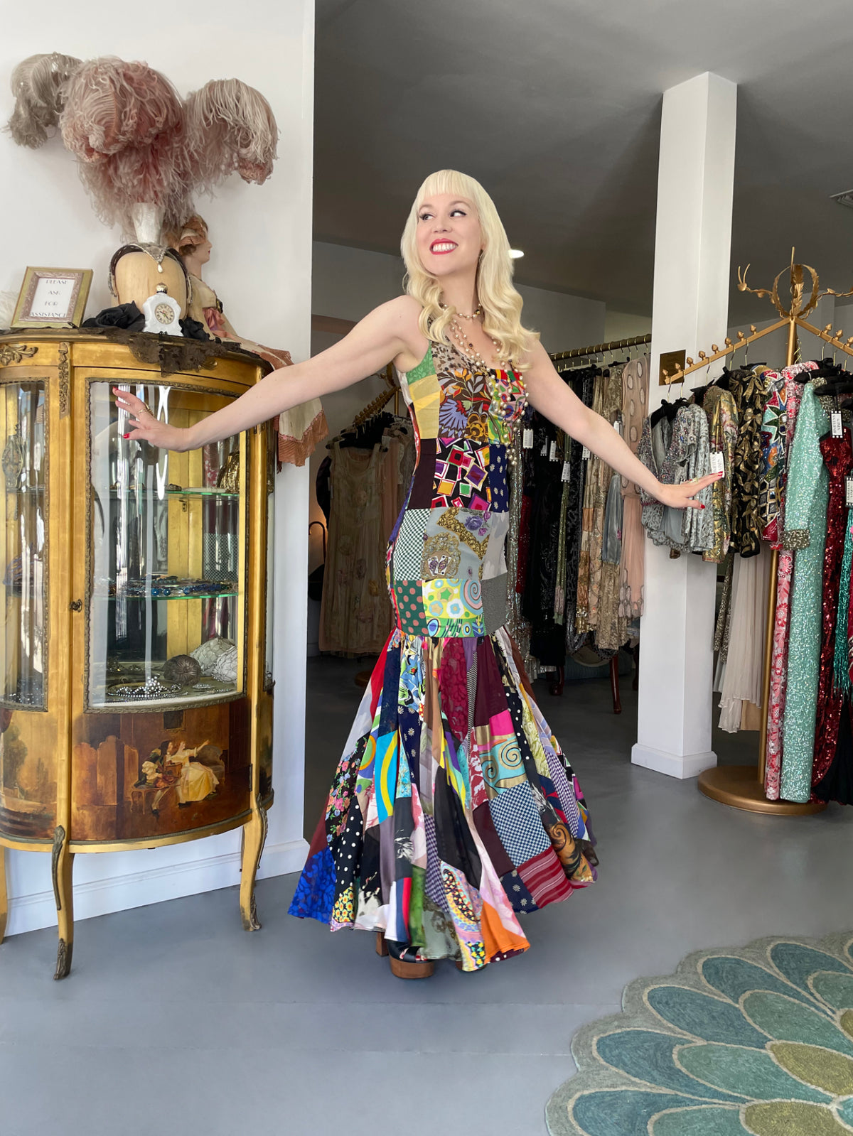 1993 Dolce &amp; Gabbana Documented Colorful Patchwork Silk Hourglass Flounce Gown