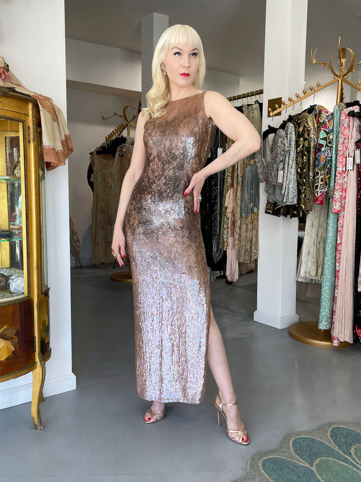 1997 Oscar de la Renta Runway Fully Sequin Floral Motif High-Slit Gown