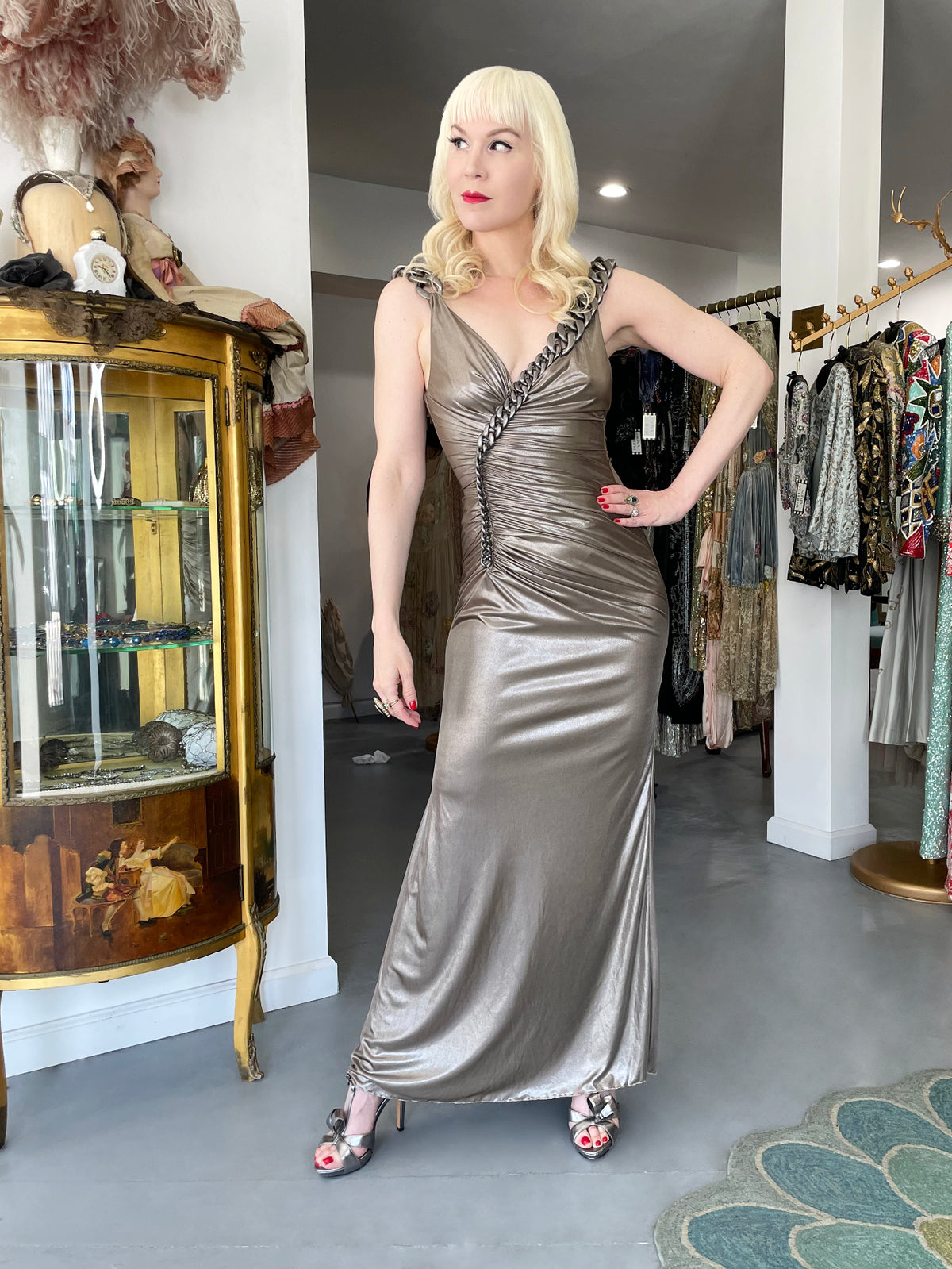 2007 Versace Smokey Metallic Stretch Silk Chain Straps Hourglass Gown