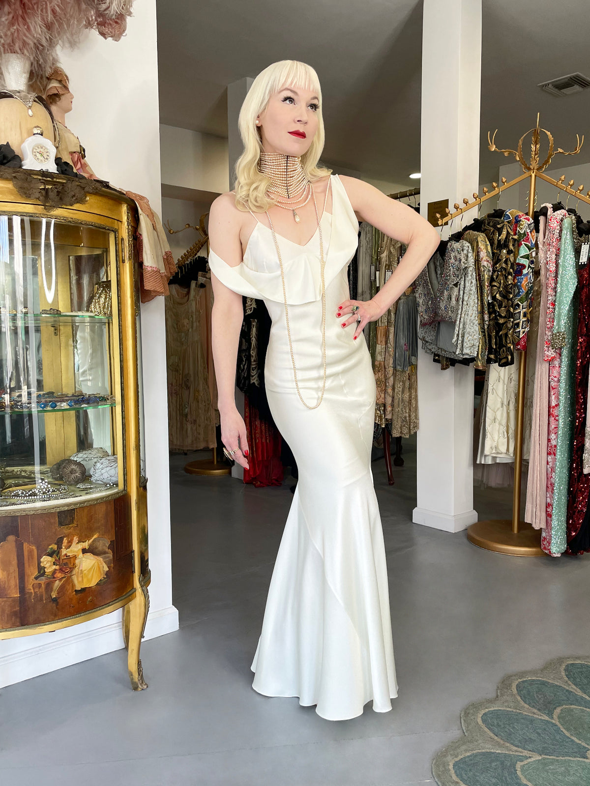 1994 John Galliano &#39;São Schlumberger&#39; Collection Ivory Off Shoulder Bias-Cut Gown