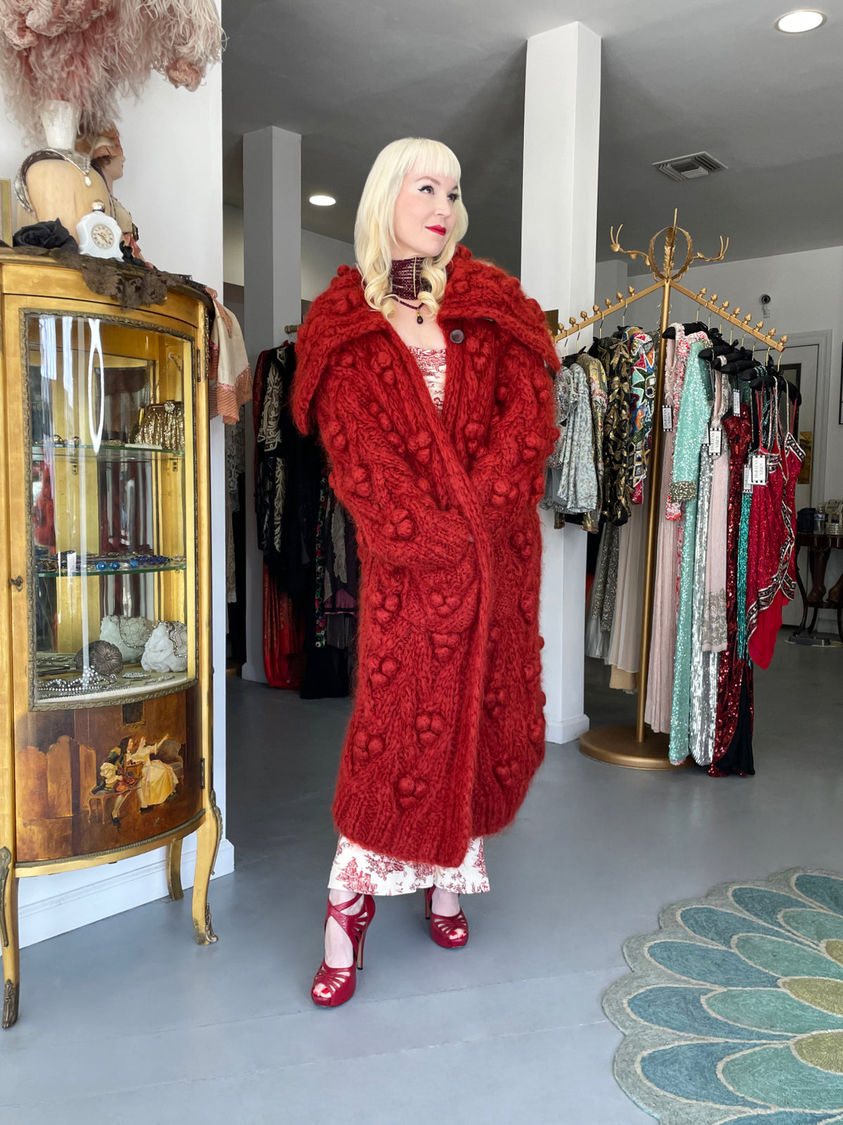 1999 Christian Dior by John Galliano Wine Red Wool Knit Shawl-Collar Sweater Coat