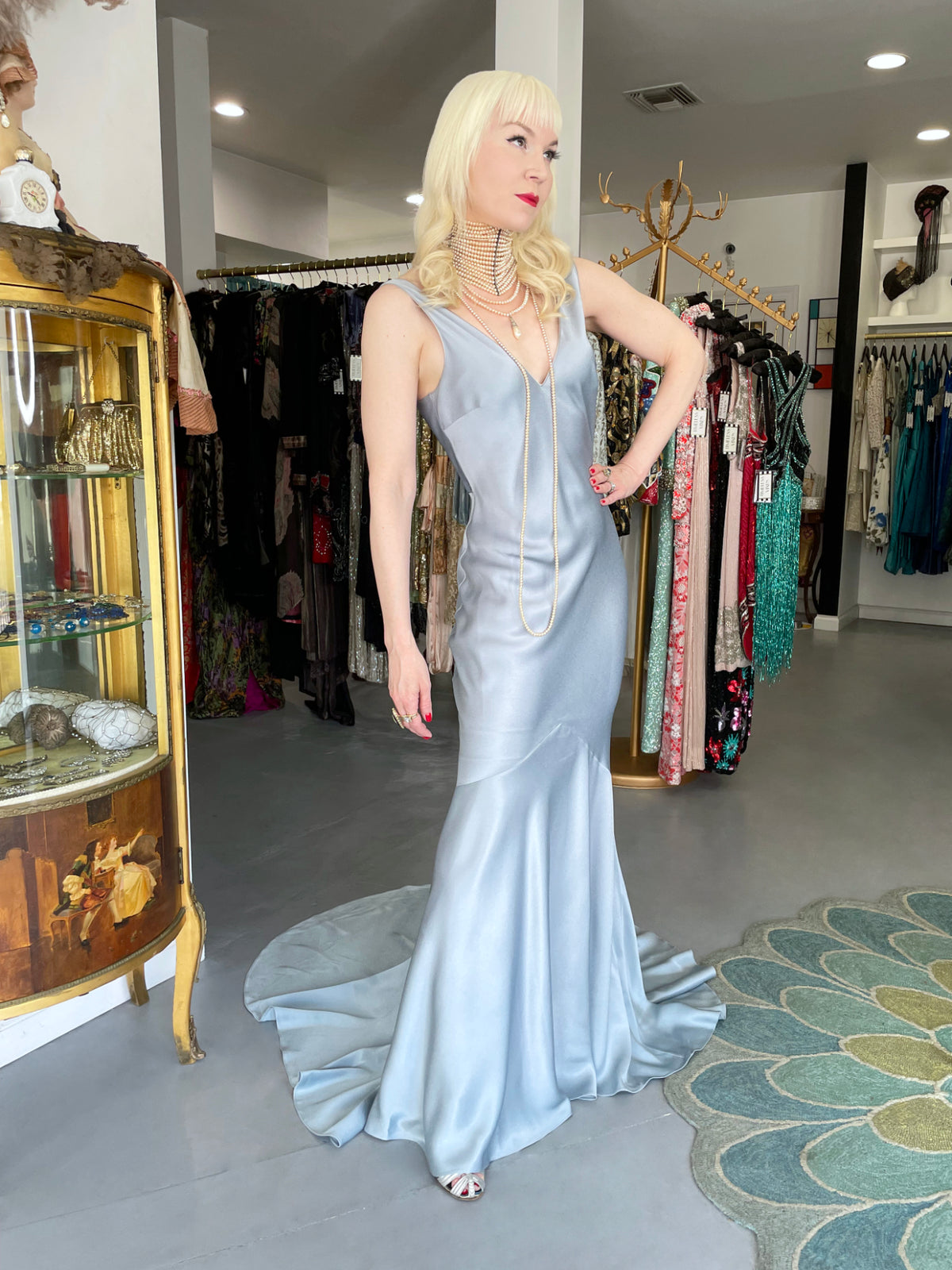 1997 John Galliano Documented Ice Blue Satin Backless Bias-Cut Trained Gown