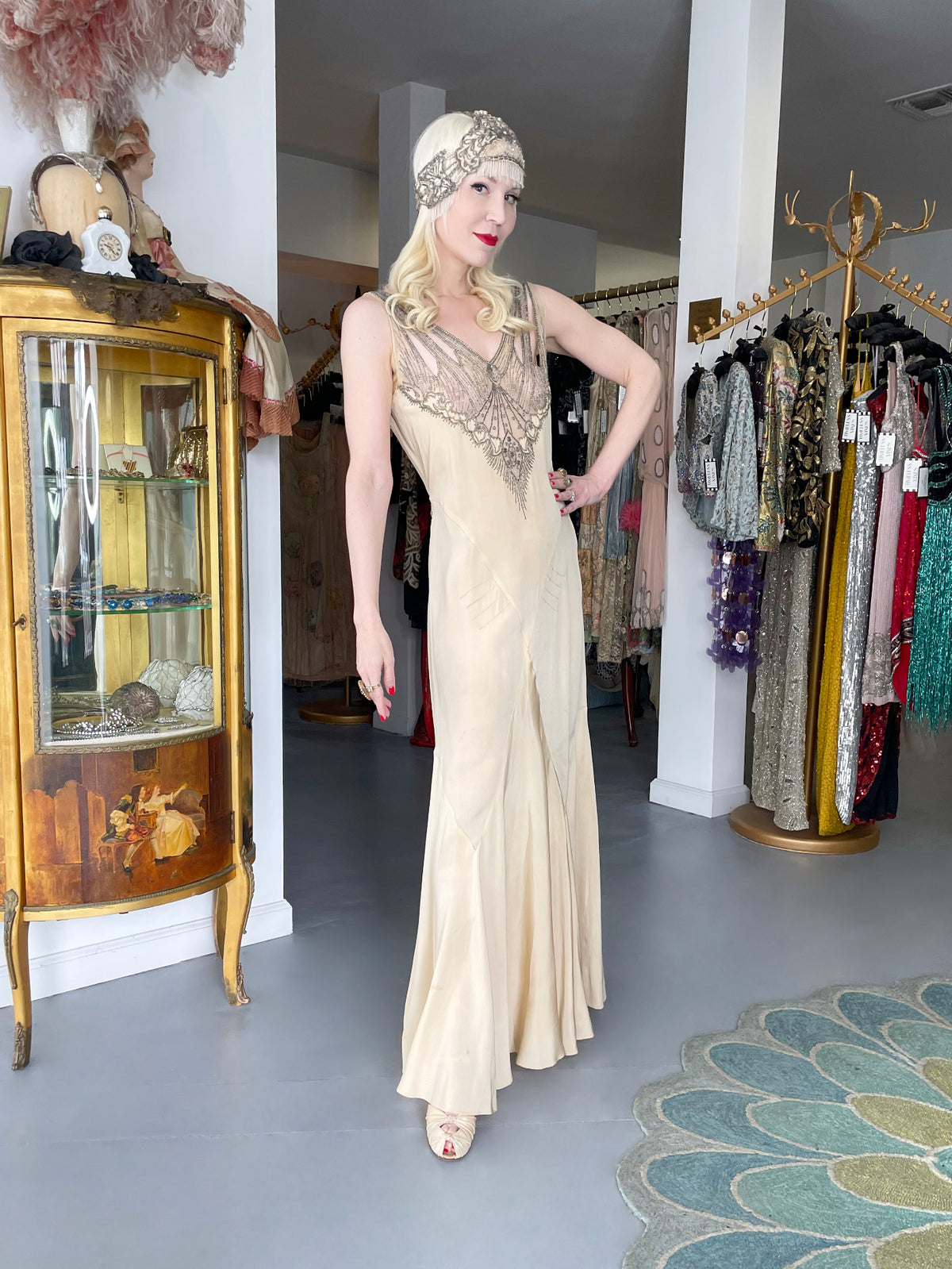 1930's French Ivory Creme Silk Beaded Sheer Illusion Deco Bias-Cut Bridal Gown