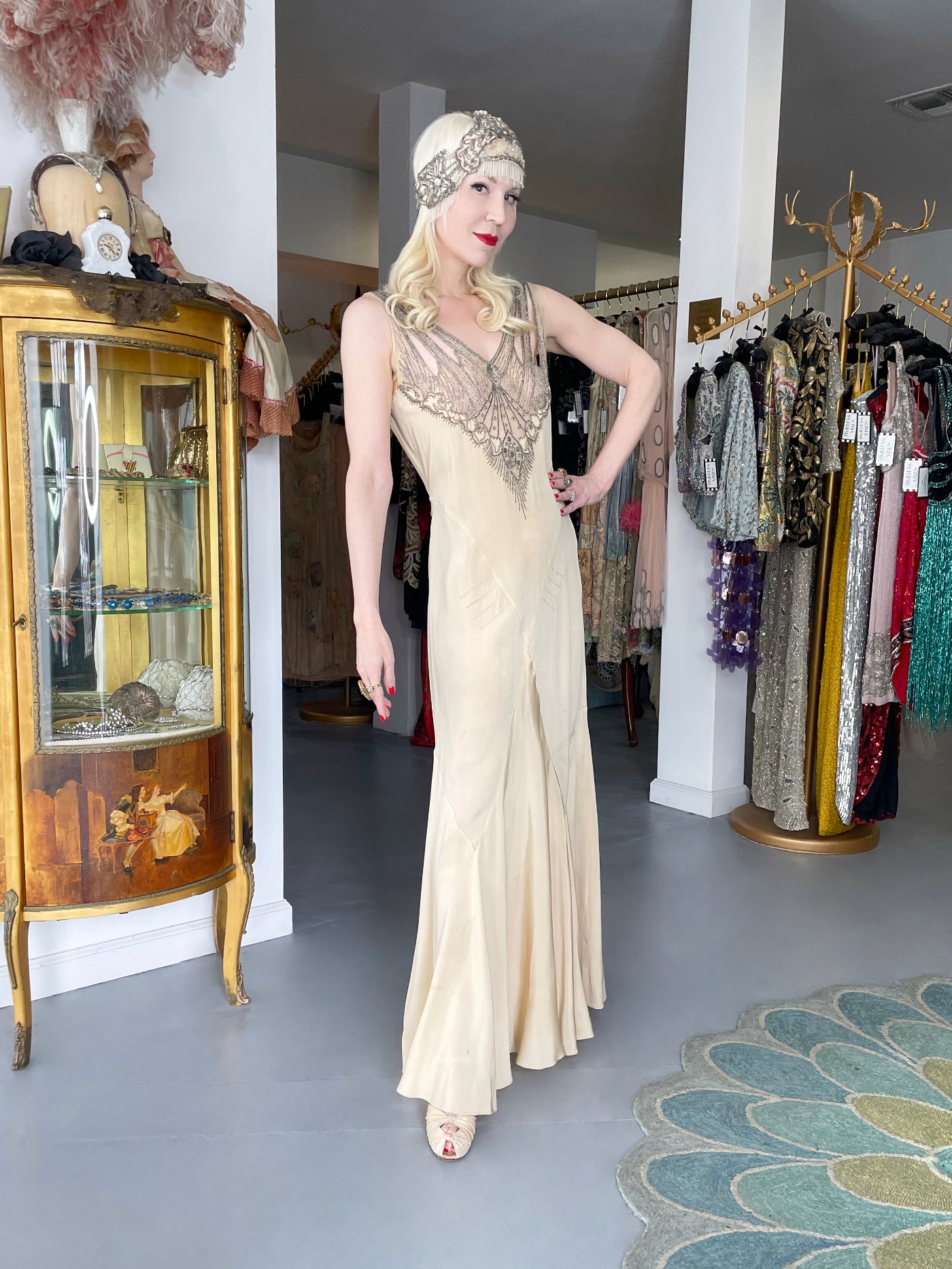 1930's French Ivory Creme Silk Beaded Sheer Illusion Deco Bias-Cut Bridal Gown