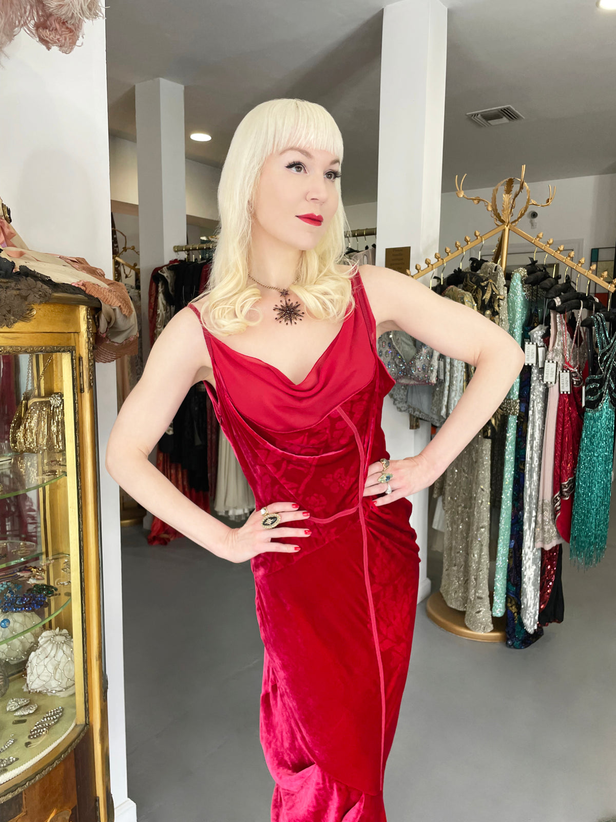 2006 Christian Dior by Galliano Ruby Red Velvet Asymmetric Draped Bias-Cut Gown