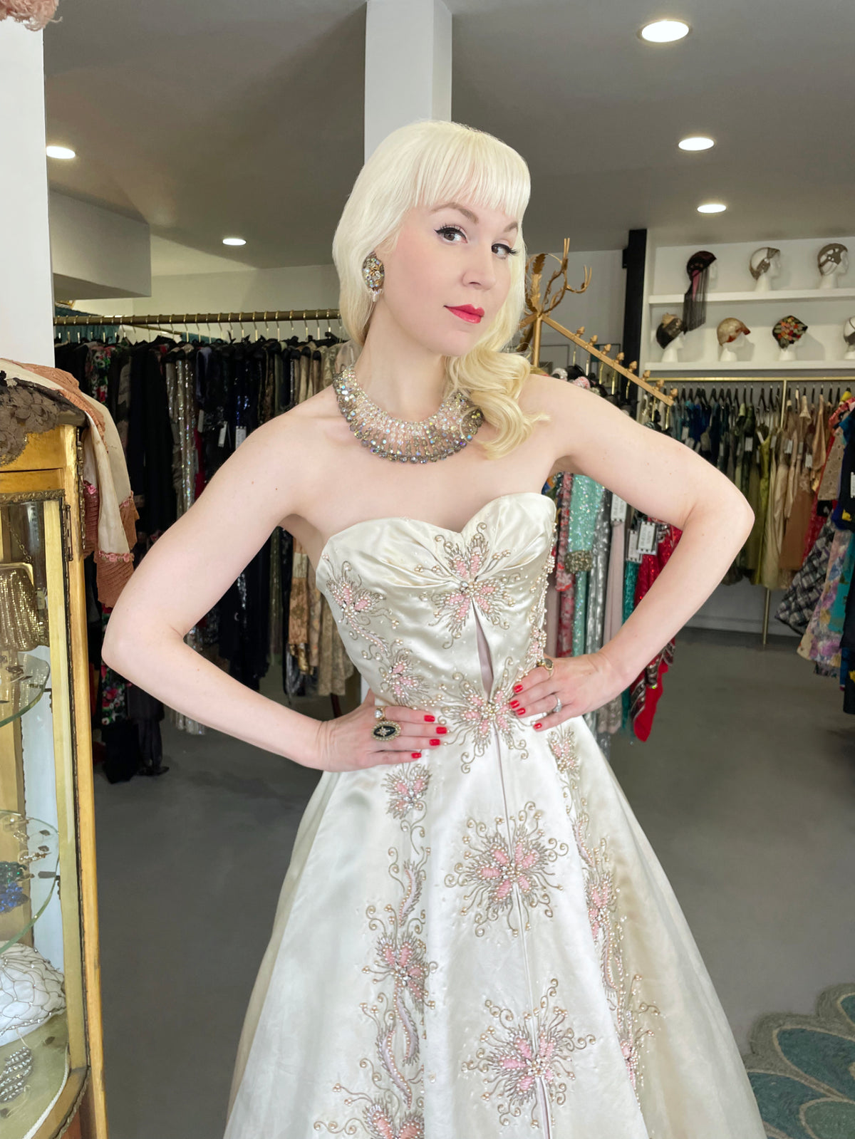 1950&#39;s Beaded Embroidered Cream &amp; Pale Pink Satin Strapless Couture Ballgown