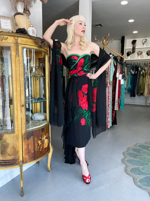 1950's Howard Greer Couture Red Roses Silk Strapless High-Low Gown & Shawl