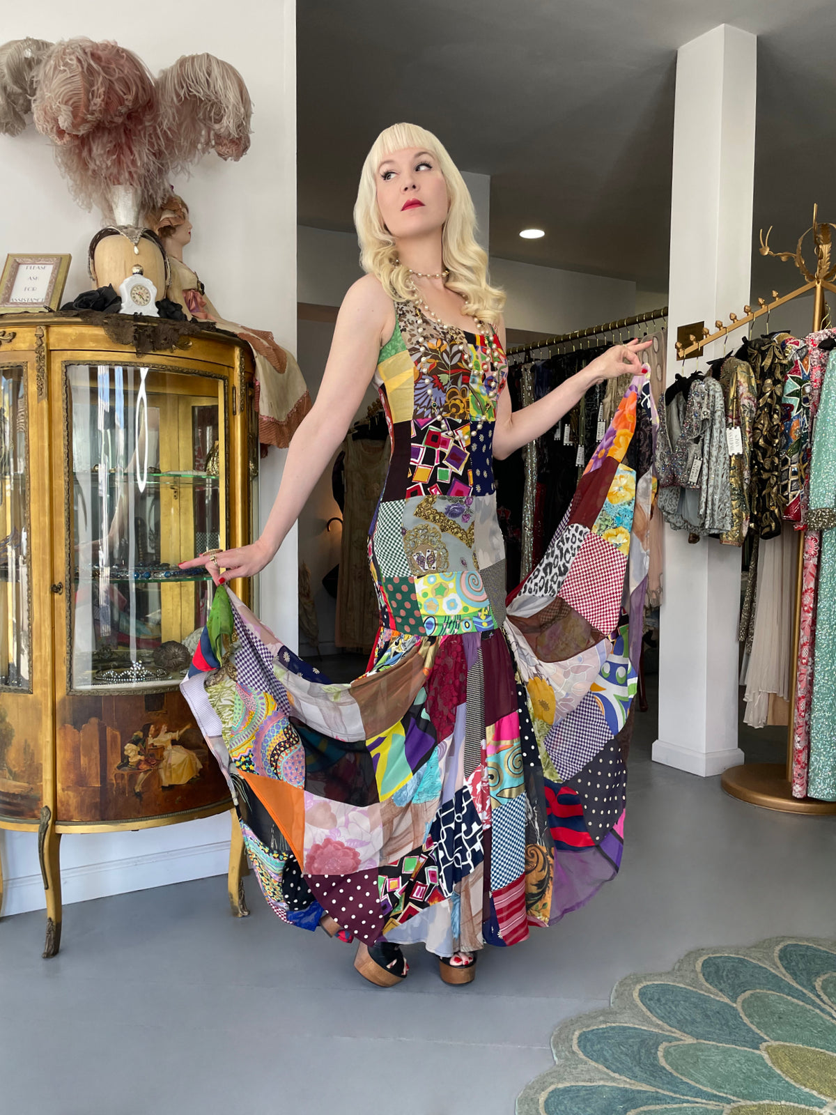 1993 Dolce &amp; Gabbana Documented Colorful Patchwork Silk Hourglass Flounce Gown