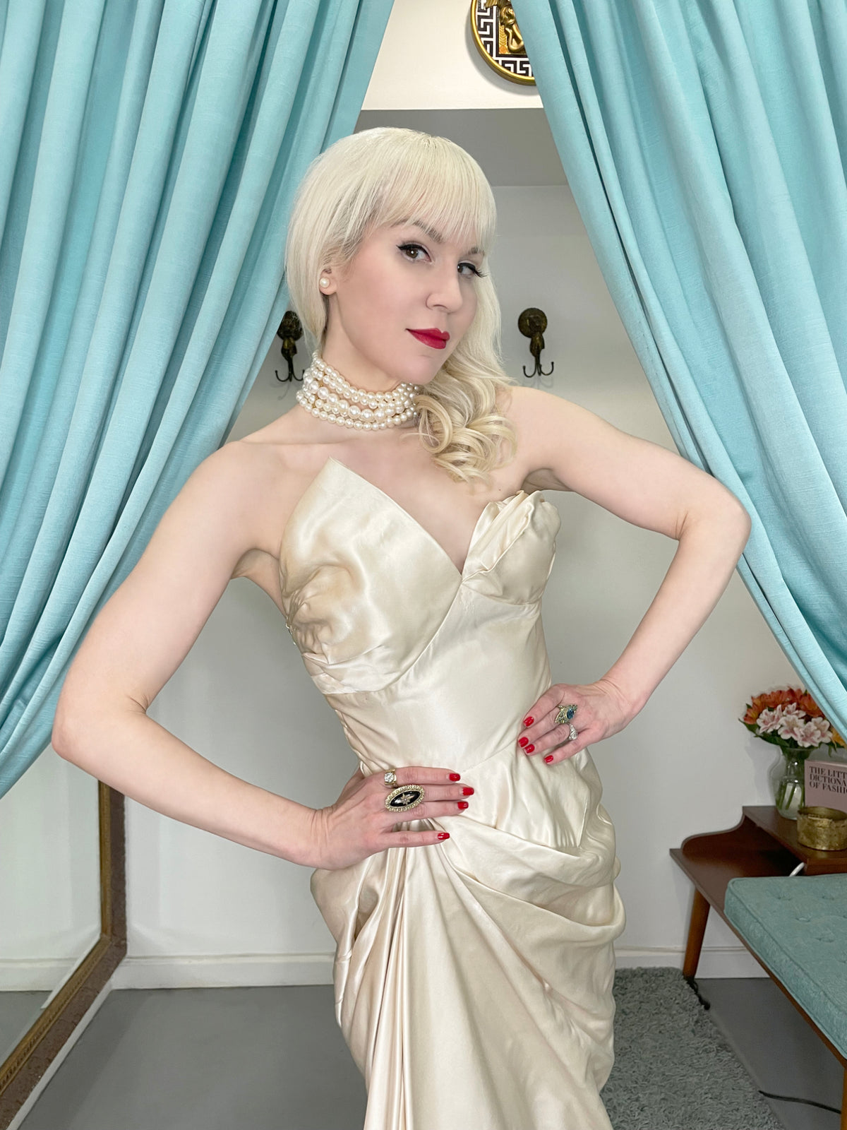 1949 Jeanne Lanvin Haute Couture Ivory Silk Satin Strapless Draped Bridal Gown