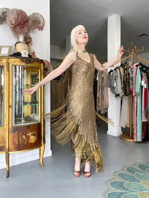 1920's Metallic Gold Lamé Lace Flapper Fringe Margot Robbie Film-Worn Dress