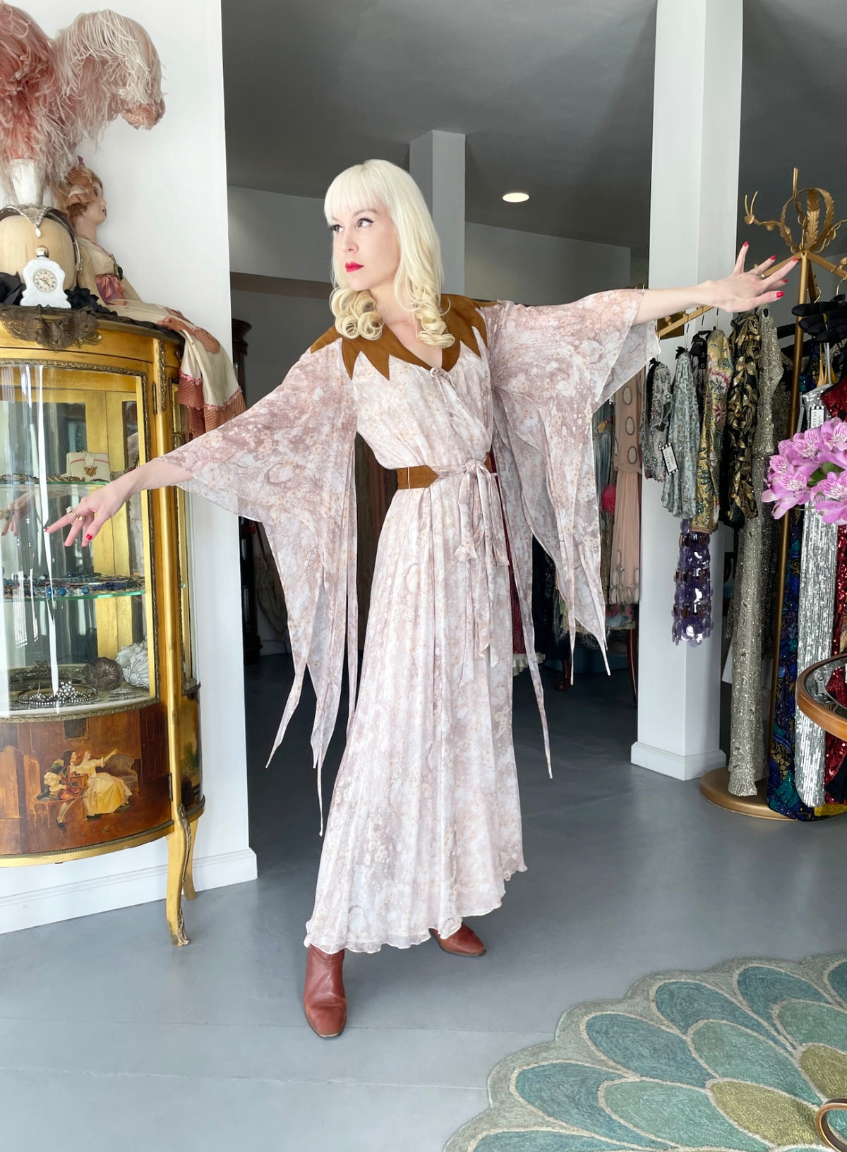 1971 Giorgio Sant&#39; Angelo Watercolor Chiffon &amp; Suede Angel-Sleeve Wrap Dress