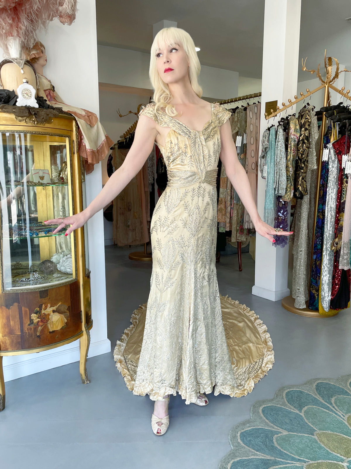 1930&#39;s Beaded Rhinestone Candlelight Silk Trained Old Hollywood Gown