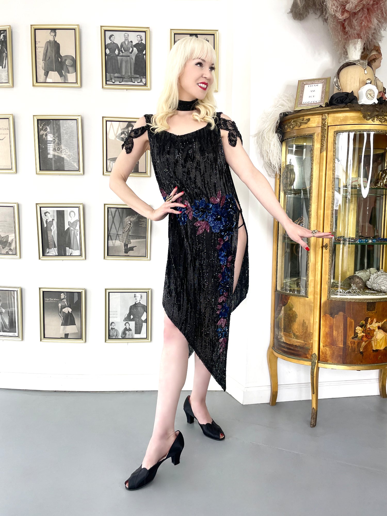 1920's Beaded Sequin Sheer-Net Butterfly Motif Asymmetric Flapper Dress