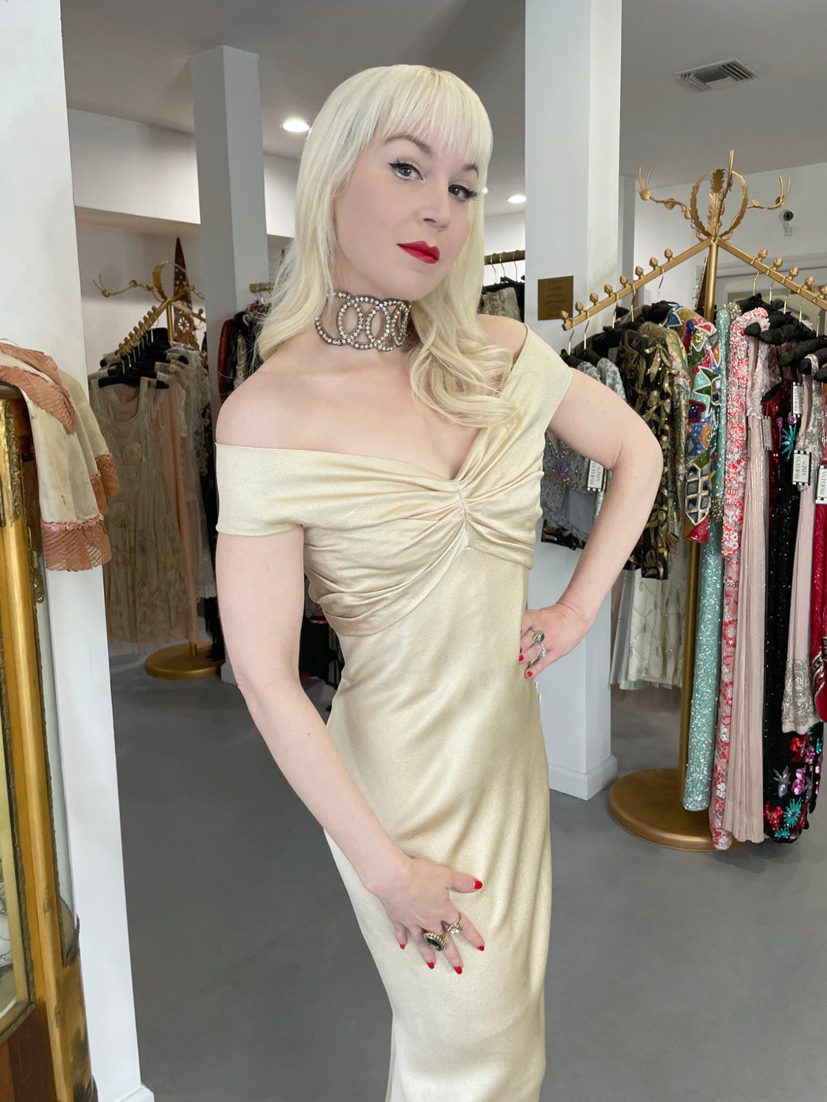 2007 John Galliano Champagne Silk Satin Off-Shoulder Bustier Bias-Cut Gown w/Tags