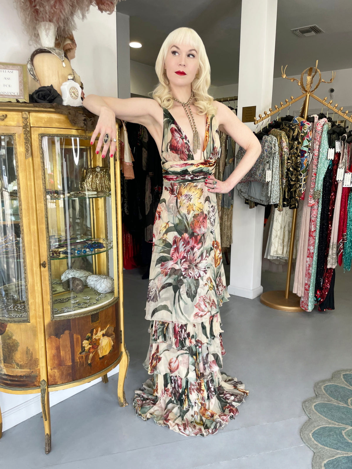 2005 Valentino Cruise Collection Colorful Floral Silk Low-Cut Halter Tiered Gown