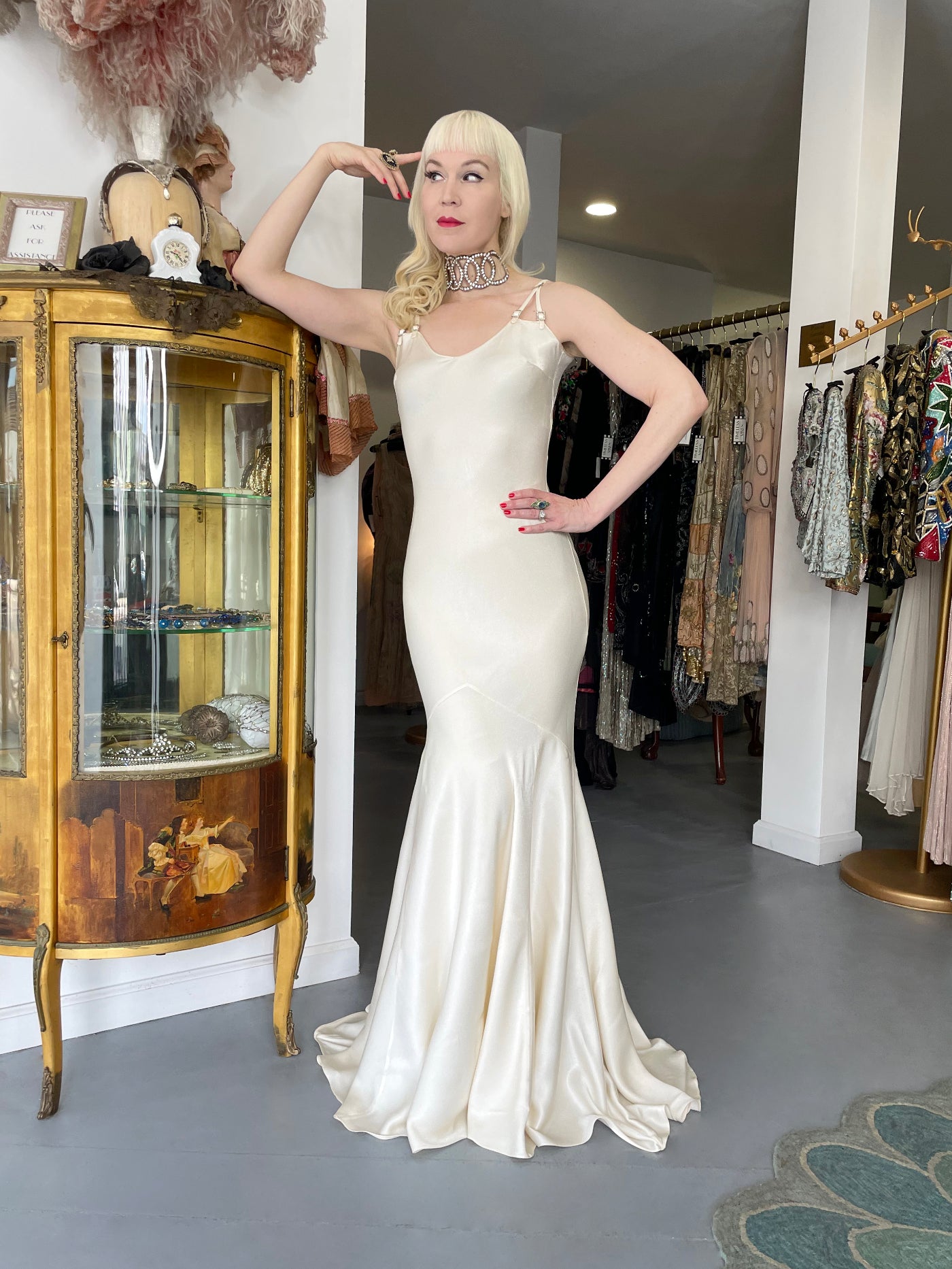Vintage 2004 John Galliano Ivory Satin Crystal Accented Bias-Cut Trained Bridal Gown