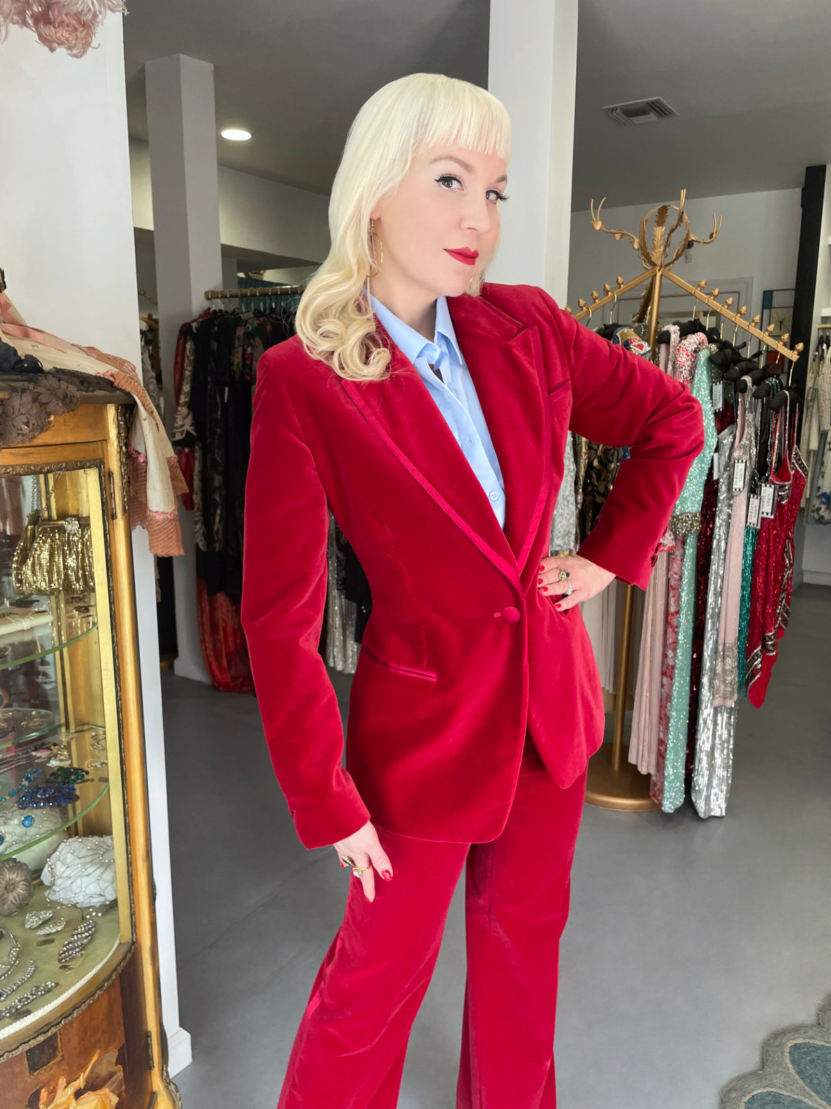1996 Tom Ford for Gucci Red Velvet &#39;Gwenyth Paltrow&#39; Tailored Jacket Pantsuit