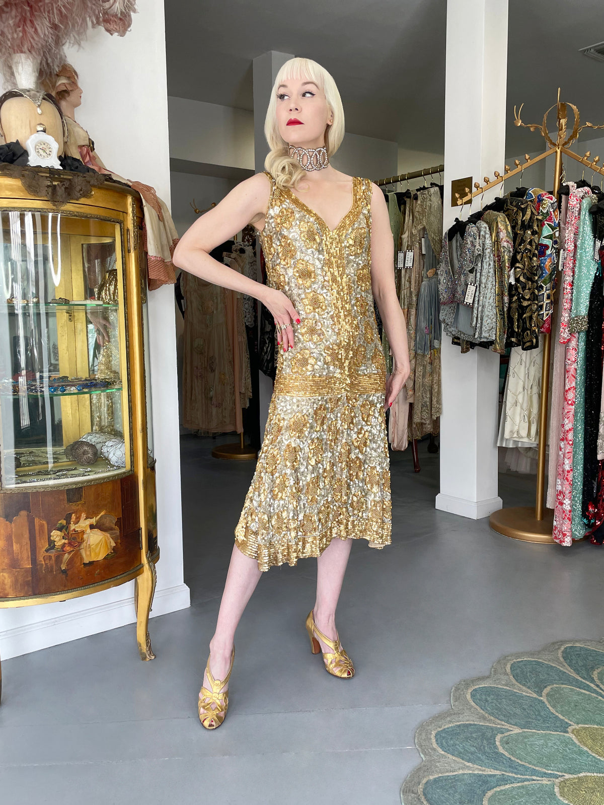 1920&#39;s French Couture Metallic Gold Beaded Sequin Cotton-Net Flapper Dress