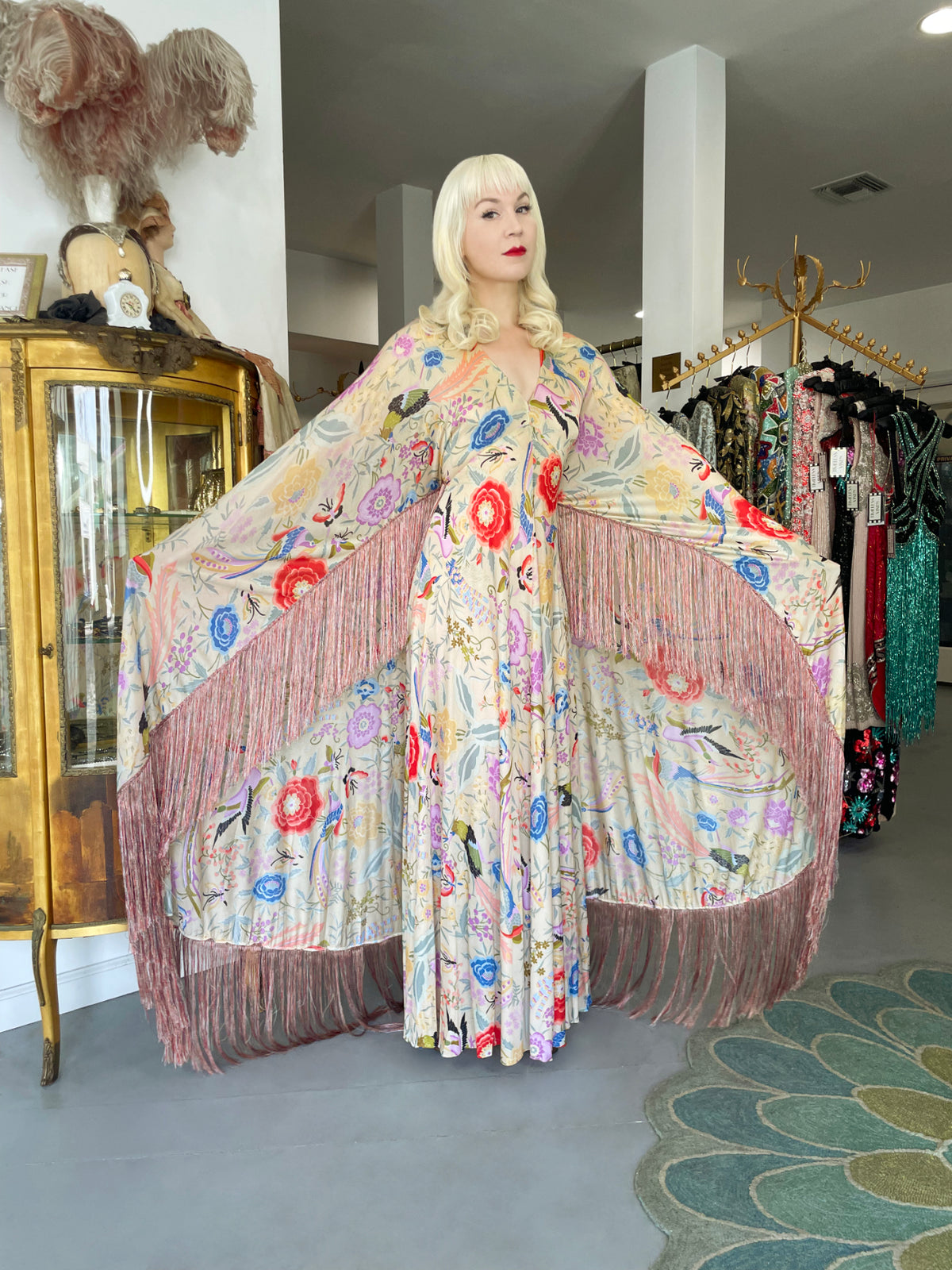 1971 Missoni Couture Colorful Floral Bird Print Silk-Jersey Caftan Gown