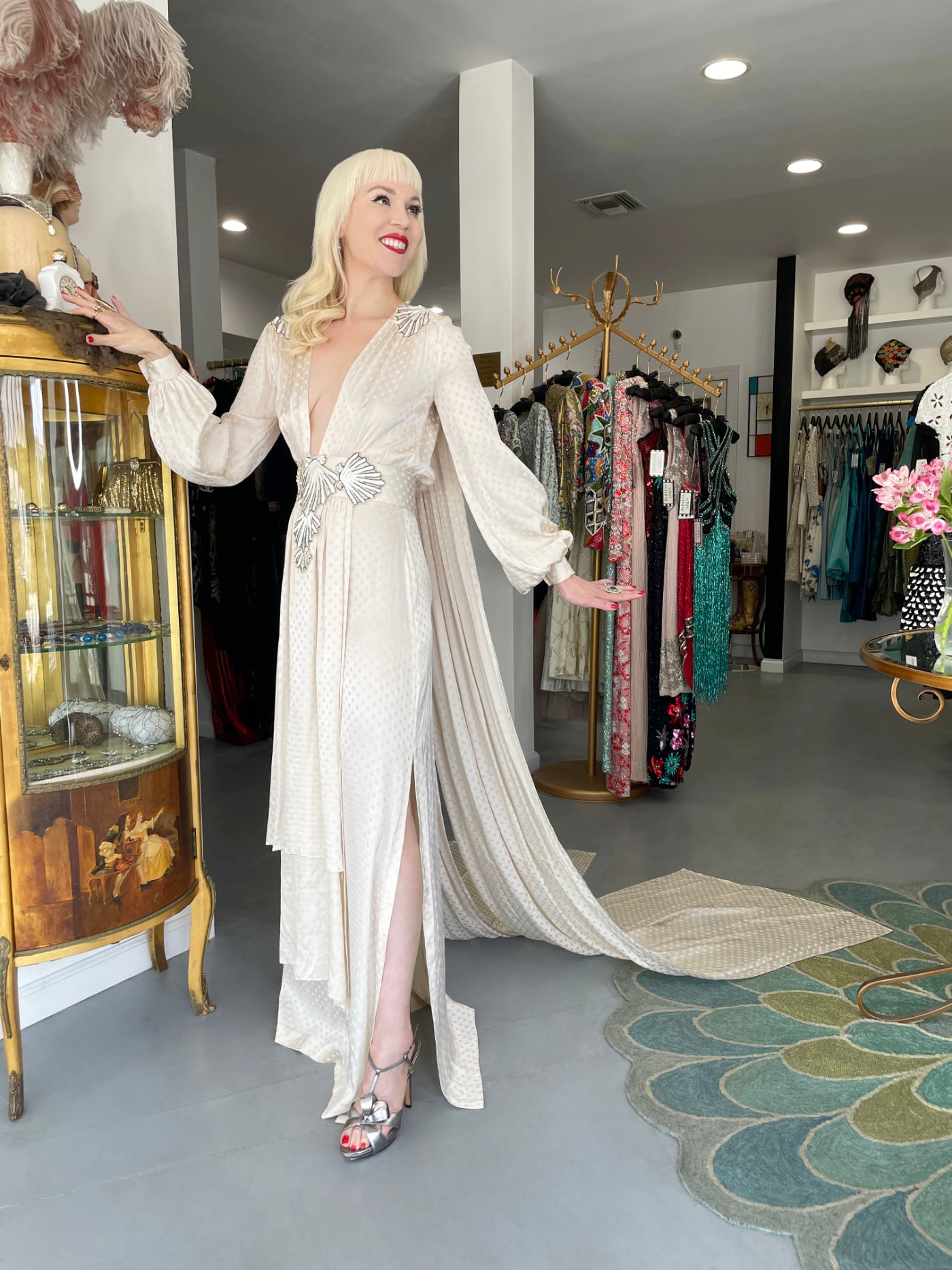 1974 Thea Porter Couture Beaded Sequin Seashells Ivory Silk Billow-Sleeve Trained Gown