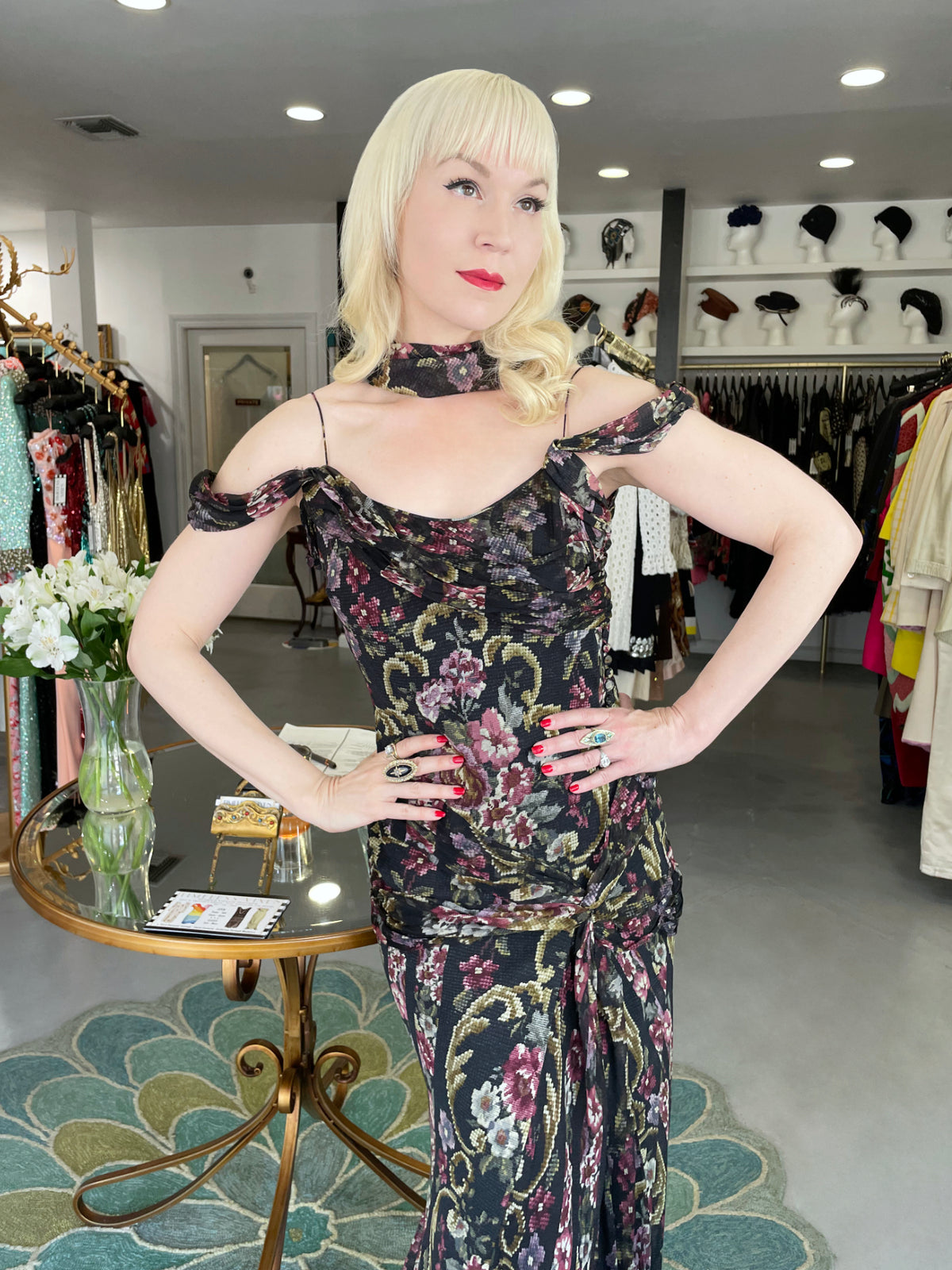 2004 John Galliano Needlepoint Floral Print Silk Bias-Cut Gown w/ Matching Scarf