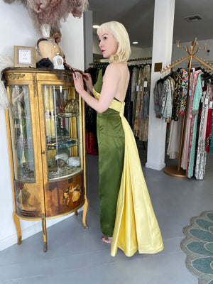 1950's Anne Verdi Green & Yellow Silk Winged-Bust Hourglass Trained Gown