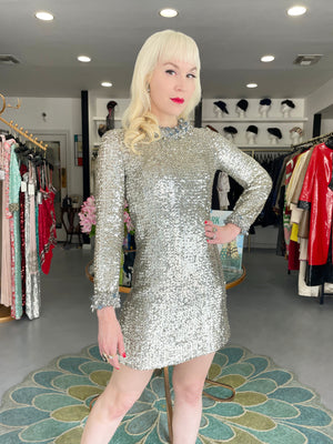 1966 Pierre Cardin Paris Metallic Silver Beaded Sequin Space-Age Mod Mini Dress