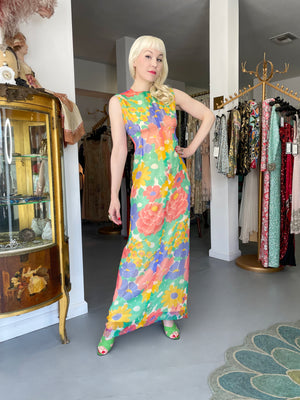 1967 Givenchy Haute Couture Colorful Floral Sheer Silk Draped Caftan Maxi Dress