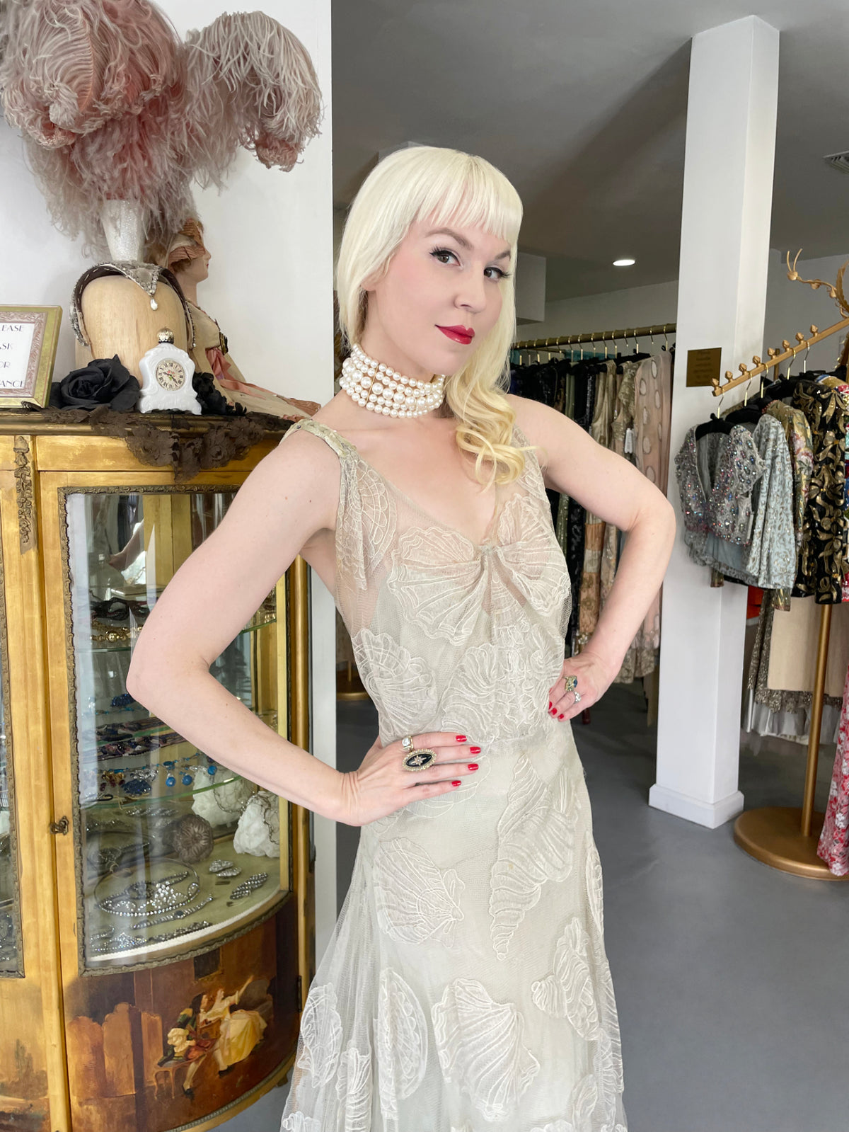 1932 Worth Couture for Elizabeth Arden Sequin Ivory Seashell Motif Lace Gown