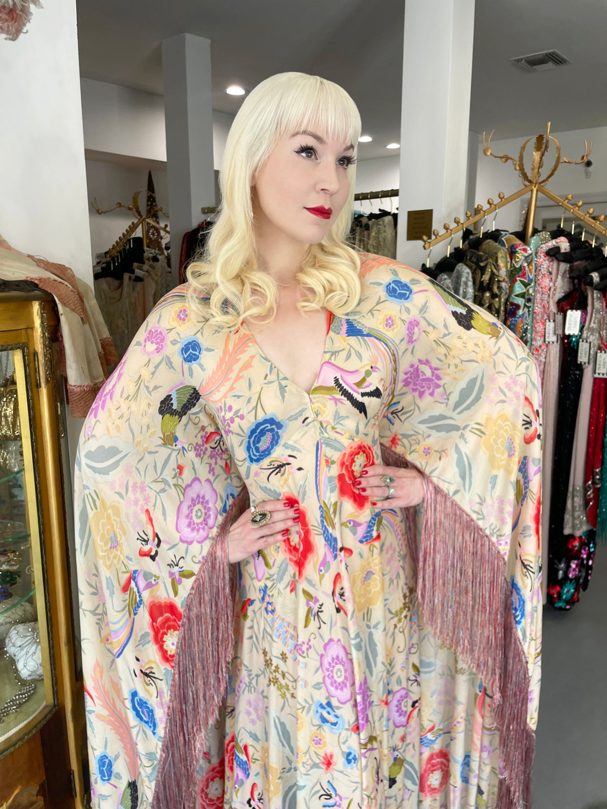 1971 Missoni Couture Colorful Floral Bird Print Silk-Jersey Caftan Gown