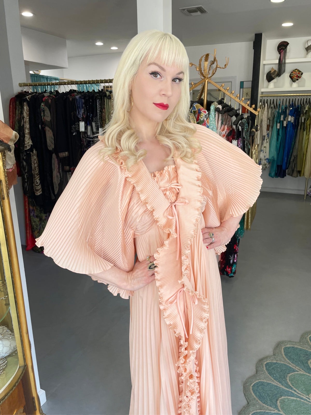 1973 Zandra Rhodes Blush Pink Heavily-Pleated Full Length Jacket Peignoir Set