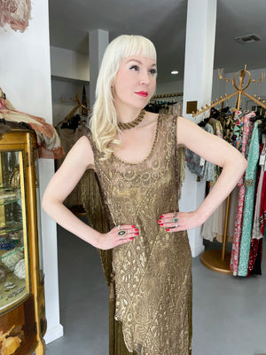 1920's Metallic Gold Lamé Lace Flapper Fringe Margot Robbie Film-Worn Dress