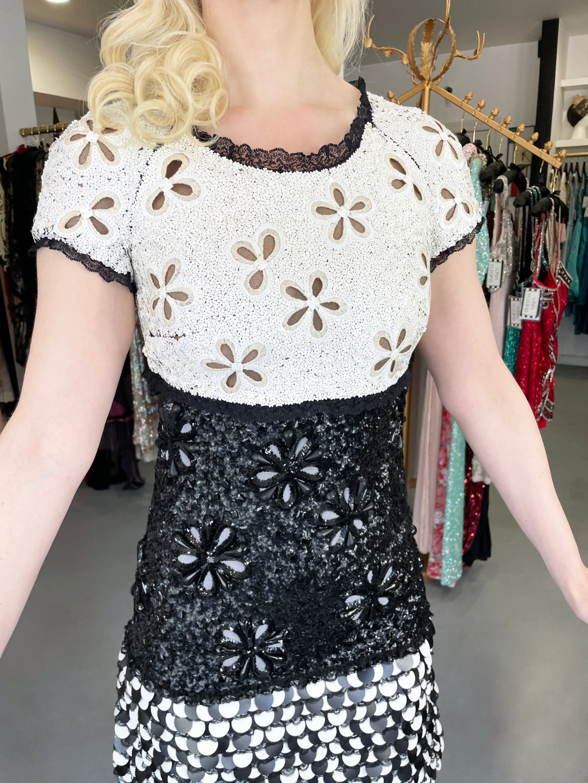 2011 Chanel by Karl Lagerfeld Runway Sample Black &amp; White Beaded Sequin Lace Dress