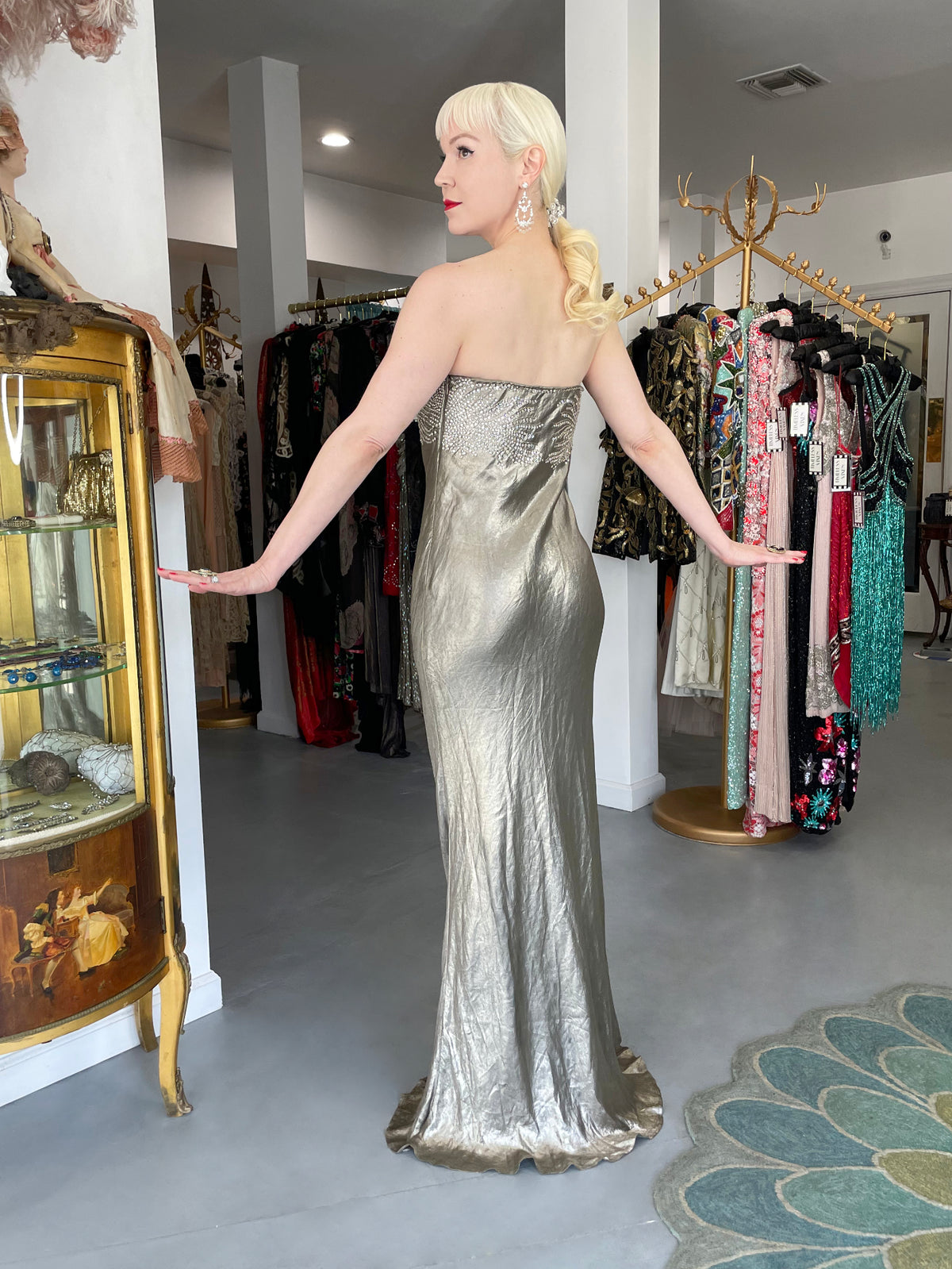 2007 Ralph Lauren Beaded Rhinestone Metallic Silver Lamé Strapless Bias-Cut Gown