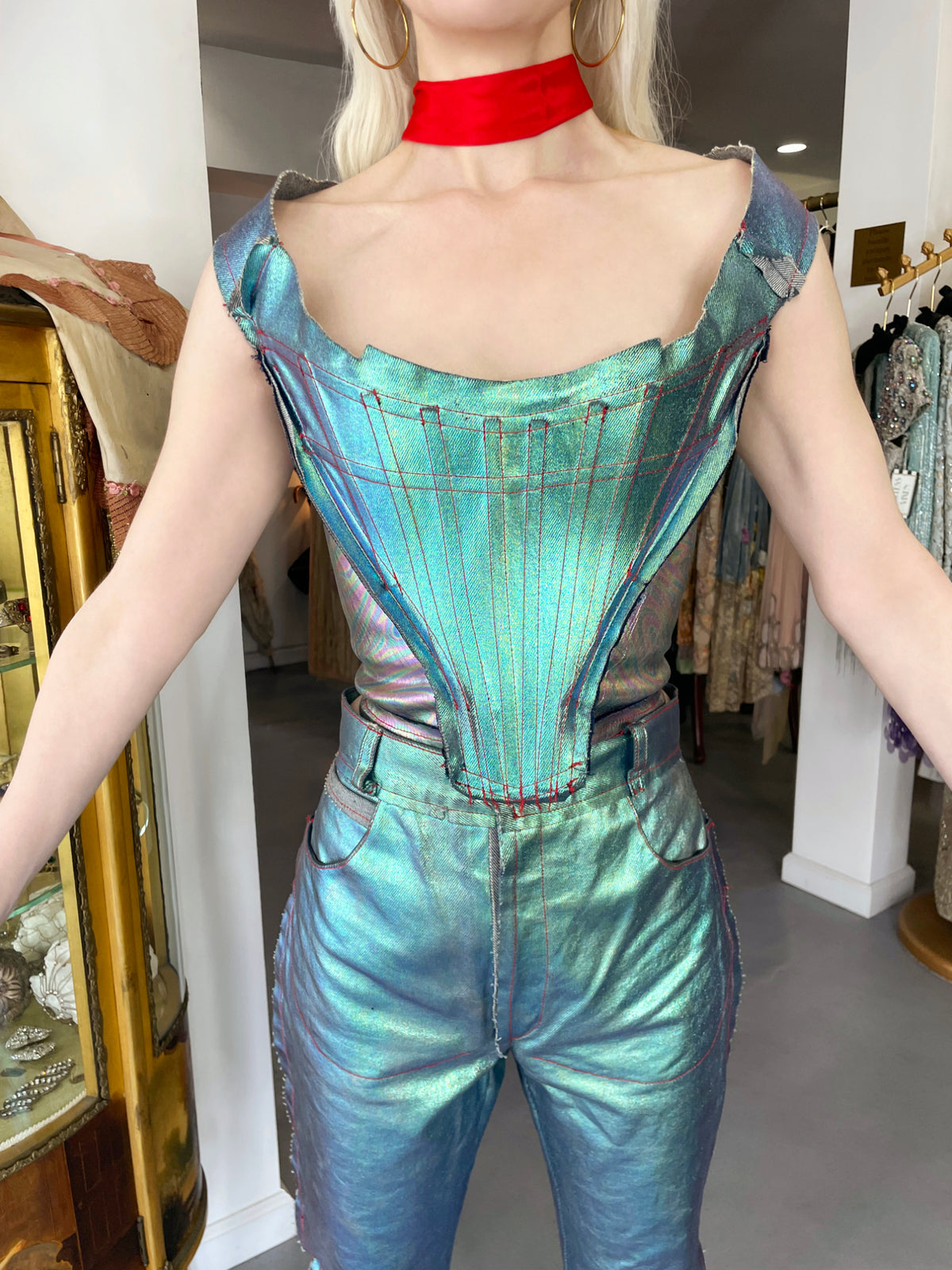1993 Vivienne Westwood Runway Metallic Foiled Denim Corset Bustier &amp; Matching Pants