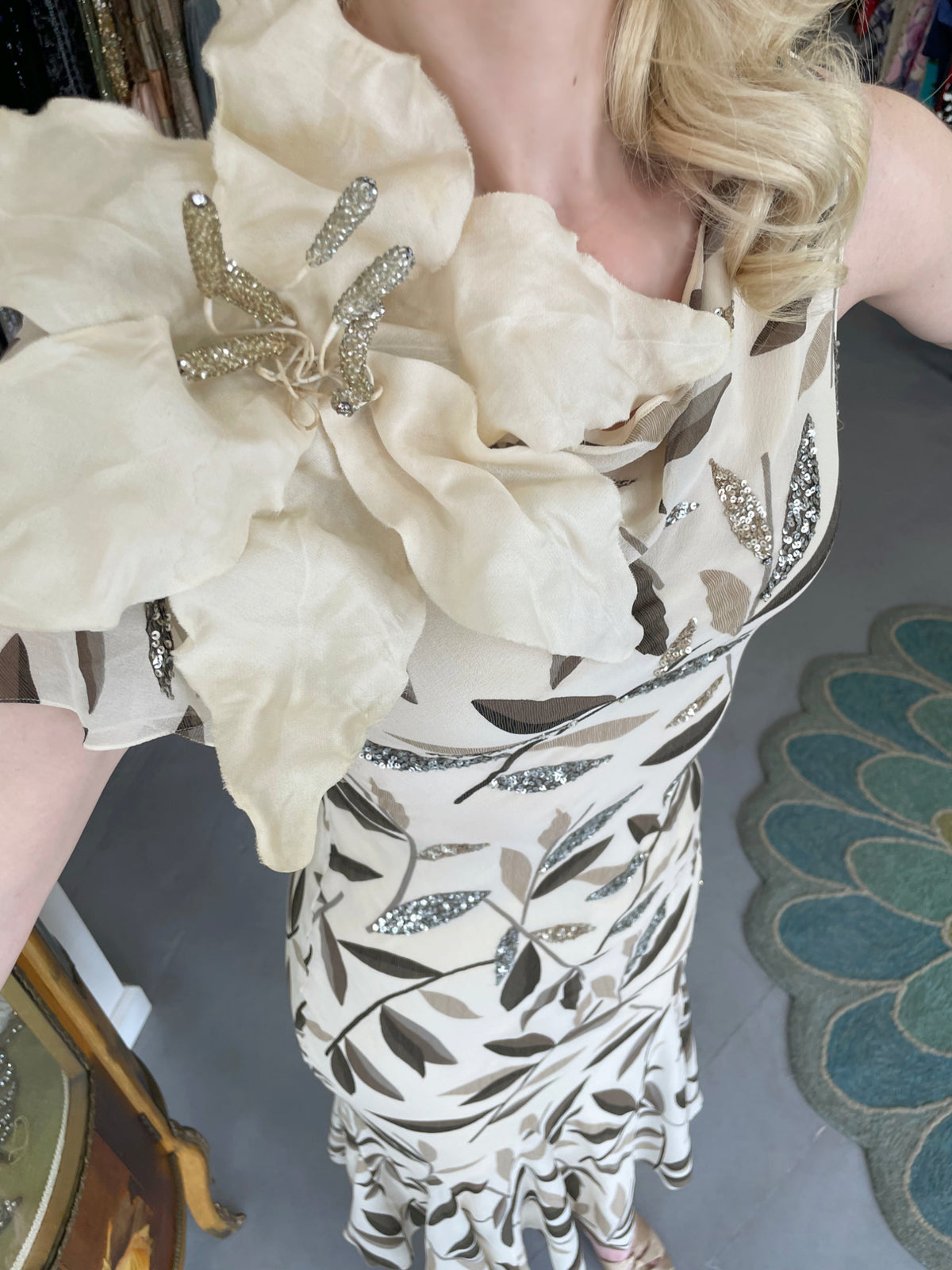 2008 Christian Dior by John Galliano Leaf Motif Sequin Silk Appliqué Bias-Cut Dress